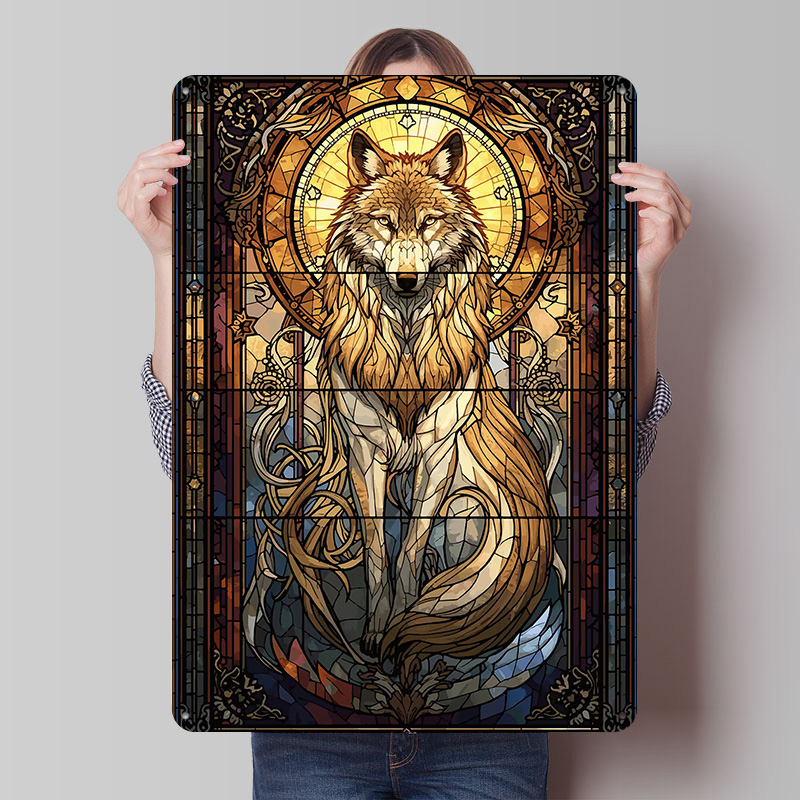 Retro Gaming Bar - Buntglas-Wolf-Poster, personalisierte Vintage-Metallschilder, Wandkunst, Retro-Blechschild für